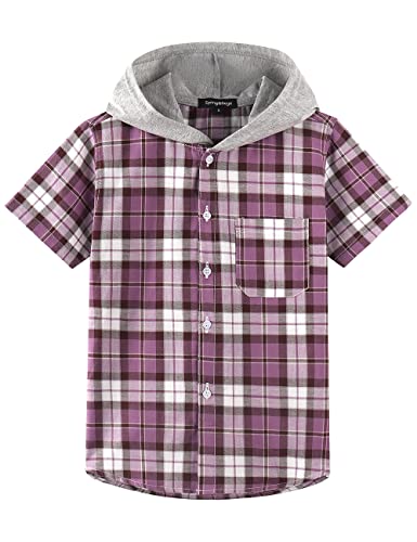 Spring&Gege Jungen Mädchen Hoodie Kurzarm Karohemd Lässig Baumwolle Button-Down Shirts, Lila, 7-8 Jahre von Spring&Gege