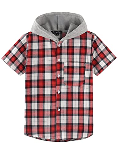 Spring&Gege Jungen Mädchen Hoodie Kurzarm Karohemd Lässig Baumwolle Button-Down Shirts, Rot, 5-6 Jahre von Spring&Gege