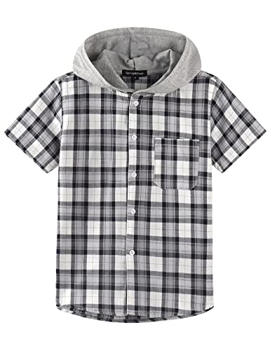 Spring&Gege Jungen Mädchen Hoodie Kurzarm Karohemd Lässig Baumwolle Button-Down Shirts, Schwarz Grau, 11-12 Jahre von Spring&Gege