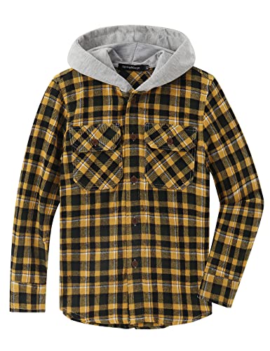 Spring&Gege Jungen Mädchen Langarm Karohemd Holzfällerhemd Flanell-Knopf Langarmshirts Hemd Hoodie, Gelb, 11-12 Jahre von Spring&Gege