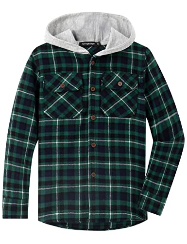 Spring&Gege Jungen Mädchen Langarm Karohemd Holzfällerhemd Flanell-Knopf Langarmshirts Hemd Hoodie, Grün, 9-10 Jahre von Spring&Gege