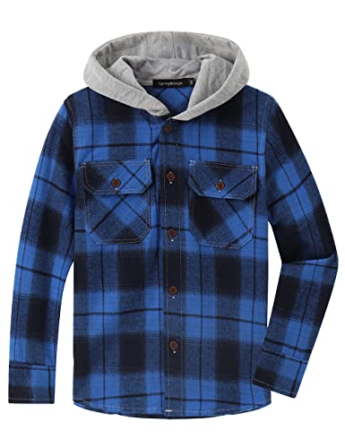 Spring&Gege Jungen Mädchen Langarm Karohemd Holzfällerhemd Flanell-Knopf Langarmshirts Hemd Hoodie, Königsblau/Schwarz, 9-10 Jahre von Spring&Gege