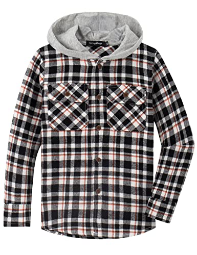 Spring&Gege Jungen Mädchen Langarm Karohemd Holzfällerhemd Flanell-Knopf Langarmshirts Hemd Hoodie, Schwarz/Weiß, 13-14 Jahre von Spring&Gege