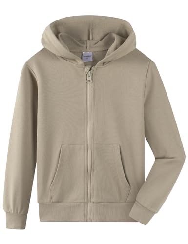 Spring&Gege Kapuzenpullover Jungen Zipper Hoodie Sweatjacke Basic Einfarbig Baumwoll Kapuzenjacke für Kinder (Haferflocken, 9-10 Jahre) von Spring&Gege