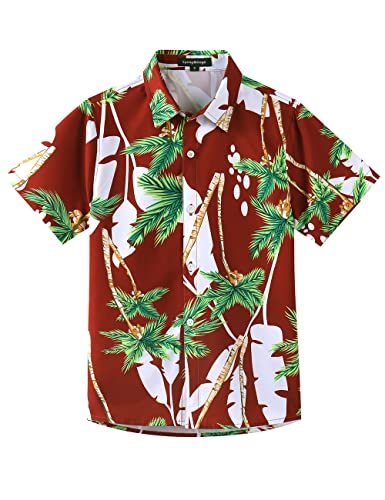 Spring&Gege Kinder Funky Hawaii Aloha Hemd Kurzarm Kreuzfahrt Strand Blumen Print Urlaub Unisex Button Down Shirts Tops, Grün Blatt/Weinrot, 9-10 Jahre(140 146) von Spring&Gege