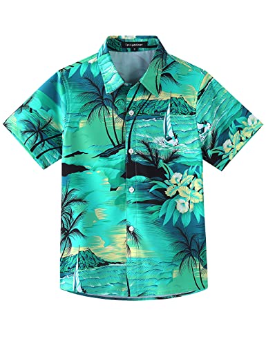 Spring&Gege Kinder Funky Hawaii Aloha Hemd Kurzarm Kreuzfahrt Strand Blumen Print Urlaub Unisex Button Down Shirts Tops, Schwarz Blatt/Blau, 7-8 Jahre(128 134) von Spring&Gege