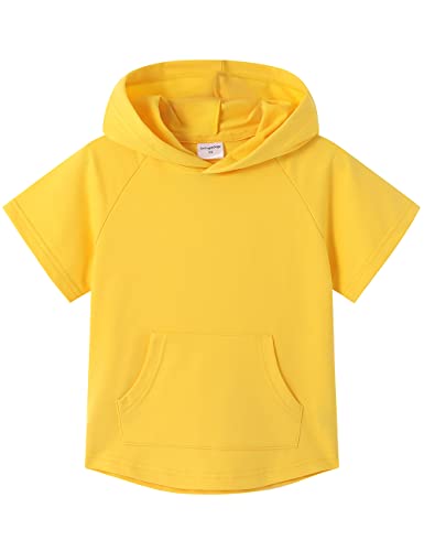 Spring&Gege Kinder Lässig Einfarbig Kurzarm Kapuzenpullover Pullover Basic Baumwolle Kapuzenpulli T-Shirt, Gelb, 9-10 Jahre(L/140 146) von Spring&Gege