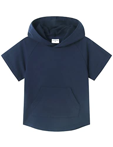 Spring&Gege Kinder Lässig Einfarbig Kurzarm Kapuzenpullover Pullover Basic Baumwolle Kapuzenpulli T-Shirt, Navy blau, 13-14 Jahre(XXL/164 170) von Spring&Gege