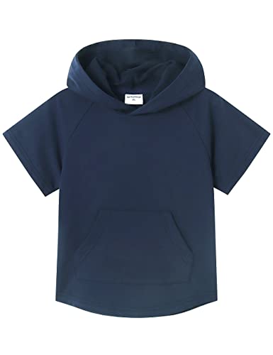 Spring&Gege Kinder Lässig Einfarbig Kurzarm Kapuzenpullover Pullover Basic Baumwolle Kapuzenpulli T-Shirt, Navy blau, 9-10 Jahre(L/140 146) von Spring&Gege