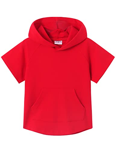 Spring&Gege Kinder Lässig Einfarbig Kurzarm Kapuzenpullover Pullover Basic Baumwolle Kapuzenpulli T-Shirt, Rot, 7-8 Jahre(M/128 134) von Spring&Gege