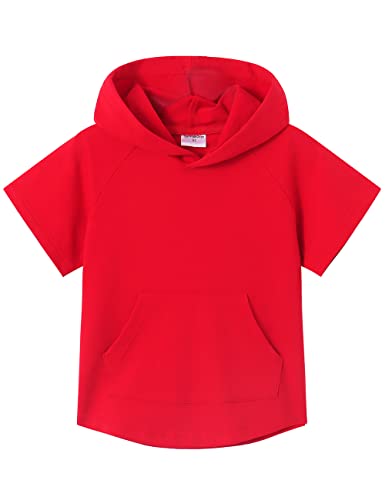 Spring&Gege Kinder Lässig Einfarbig Kurzarm Kapuzenpullover Pullover Basic Baumwolle Kapuzenpulli T-Shirt, Rot, 9-10 Jahre(L/140 146) von Spring&Gege