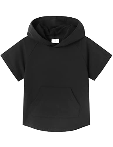 Spring&Gege Kinder Lässig Einfarbig Kurzarm Kapuzenpullover Pullover Basic Baumwolle Kapuzenpulli T-Shirt, Schwarz, 9-10 Jahre(L/140 146) von Spring&Gege