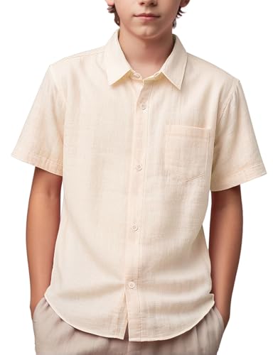 Spring&Gege Kurzärmeliges Hemd für Jungen, mit Knopfleiste, Leinen, strukturiert, Sommer-Strandhemd, einfarbig, Beige, 13-14 Jahre von Spring&Gege
