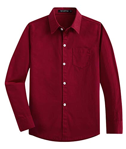 Spring&Gege Langärmeliges gewebtes Hemd für Jungen, formelle Schuluniform, Button-Down-Shirt, Burgunder, 13-14 Jahre von Spring&Gege