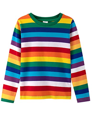 Spring&Gege Langärmliges gestreiftes T-Shirt für Jungen Baumwoll-T-Shirts mit Rundhalsausschnitt, Neuer Regenbogenstreifen, 13-14 Jahre von Spring&Gege