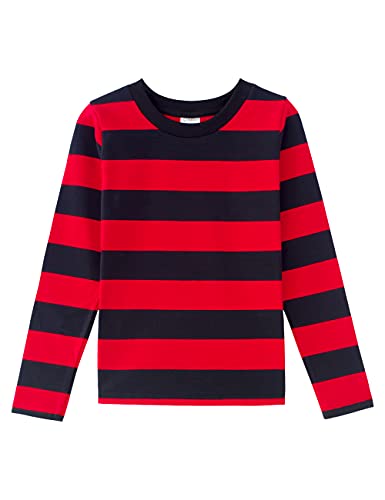 Spring&Gege Langärmliges gestreiftes T-Shirt für Jungen Baumwoll-T-Shirts mit Rundhalsausschnitt, schwarzer und roter Streifen, 7-8 Jahre von Spring&Gege