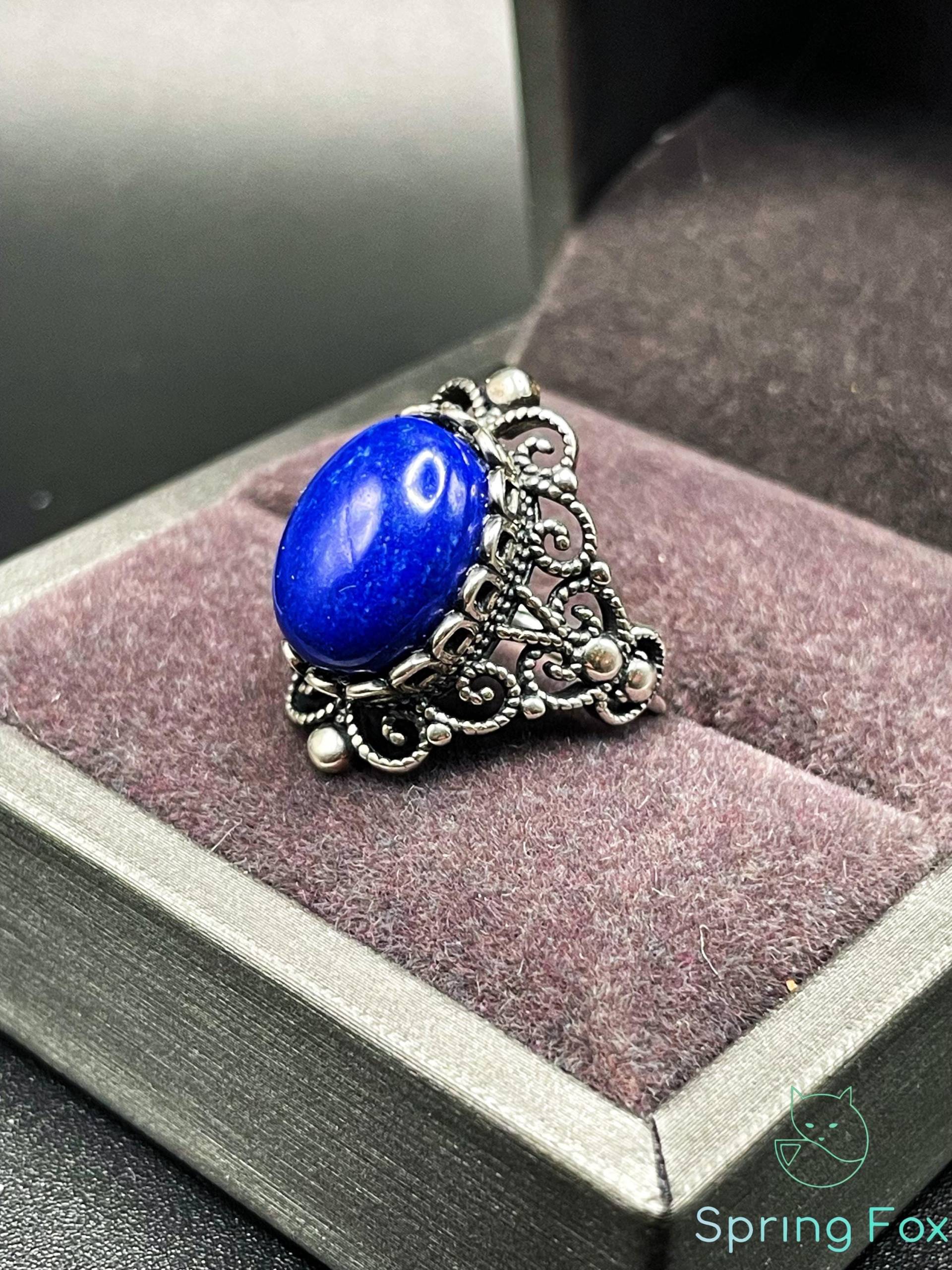 925 Sterling Silver Ring With Natural Lapis Lazuli - Ornate Filigree Design Adjustable Vintage Boho Statement Vintage Witchy Style 925 Sterling Silver Ring With Natural Lapis Lazuli - Ornate Filigree Design Adjustable Vintage Boho Statement Vintage Witchy Style von SpringFoxHandMade