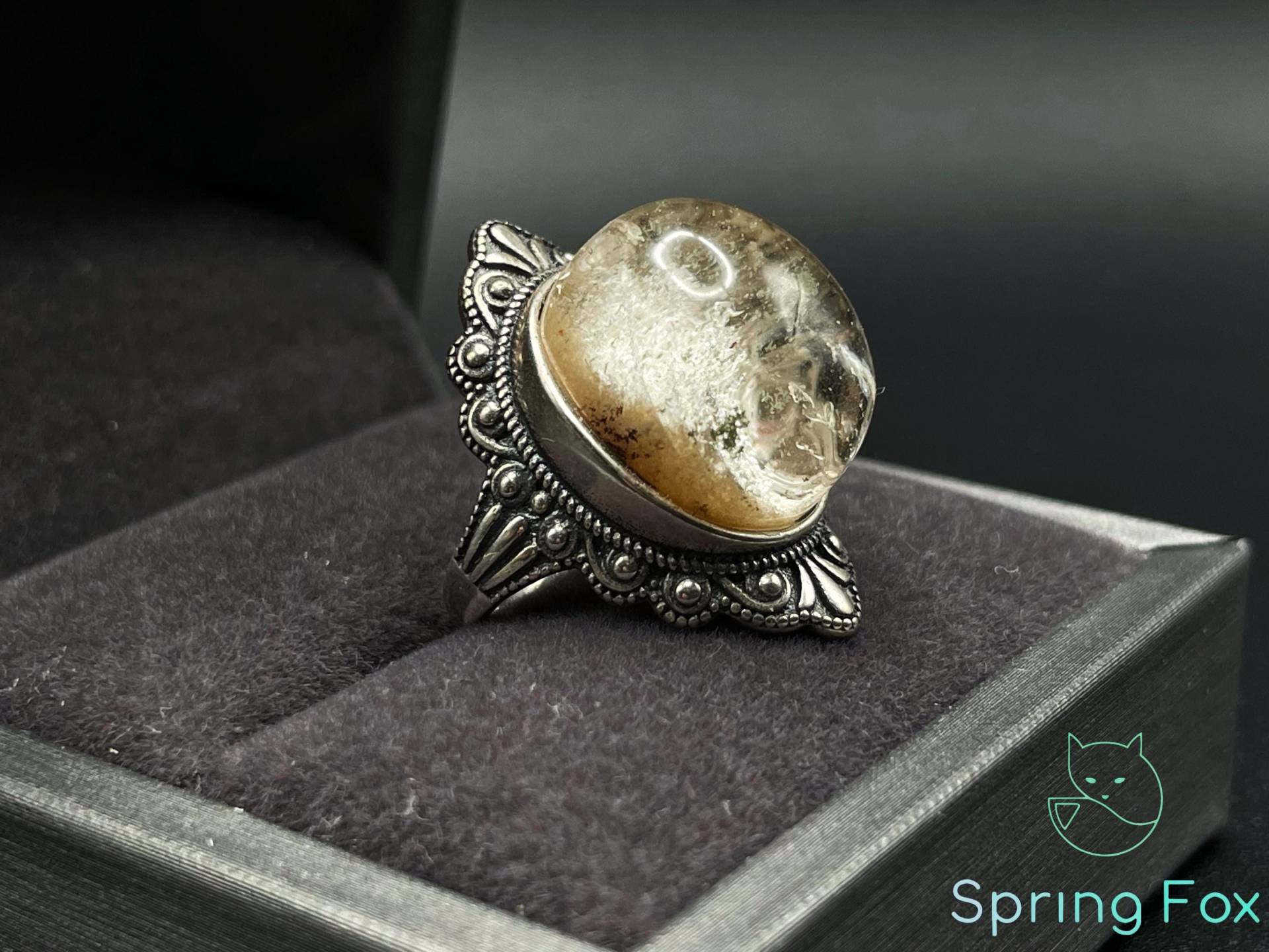 Golden Garden Quartz Ring | Vintage Style Statement Antique Silver Filigree Adjustable Boho 925 Sterling von SpringFoxHandMade