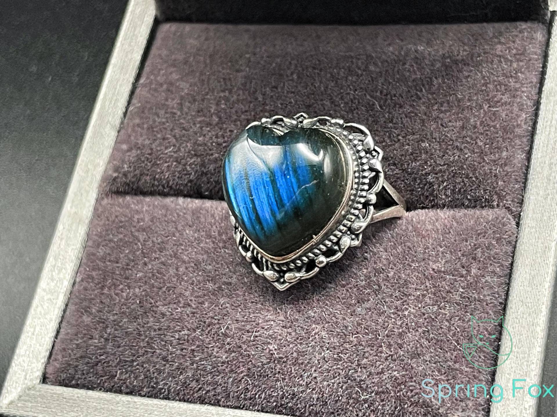 Heart Labradorite Silver Ring | 925 Sterling Adjustable Handmade Gift Blue Flash Gemstone Gemstone Jewelry von SpringFoxHandMade