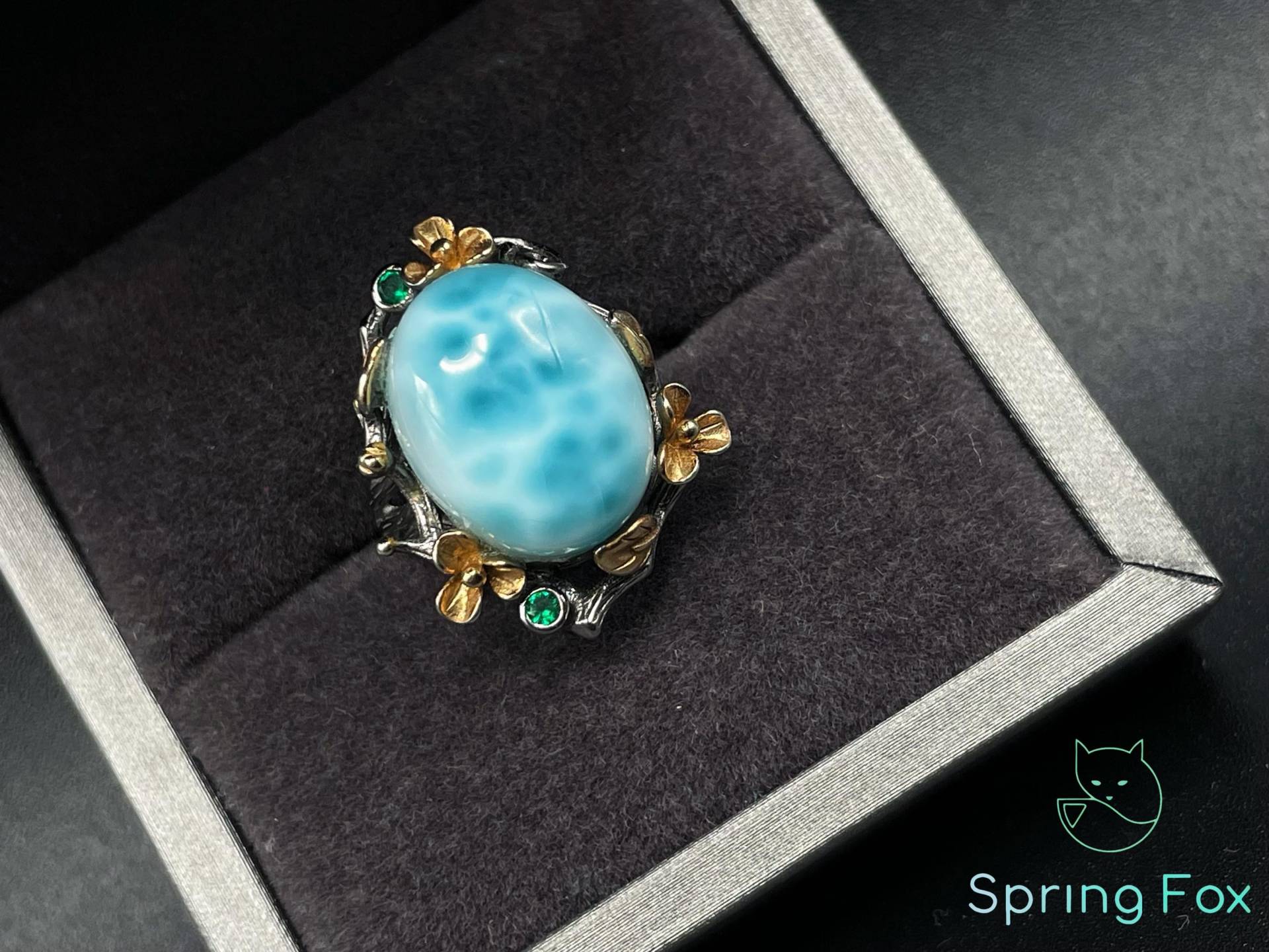 Larimar Flower Ring | Sterling Silver & Gold Accent Adjustable Nature Tropical Blue Gemstone Jewelry Spring Fox Gift For Her von SpringFoxHandMade