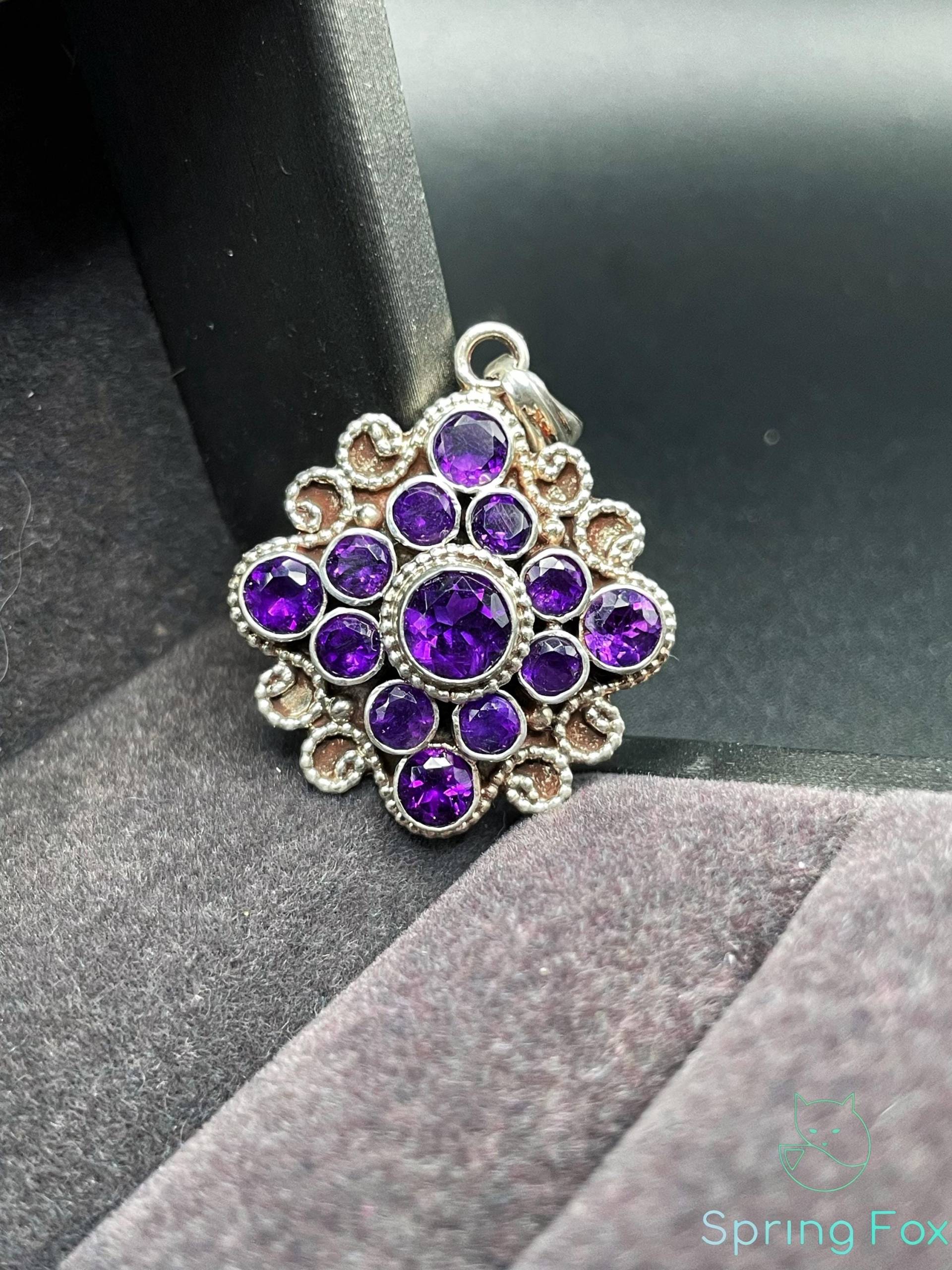 Vintage 925 Sterling Silver Amethyst Pendant - Ornate Boho Flower Design February Birthstone Necklace Handmade Purple Gemstone Jewelry von SpringFoxHandMade