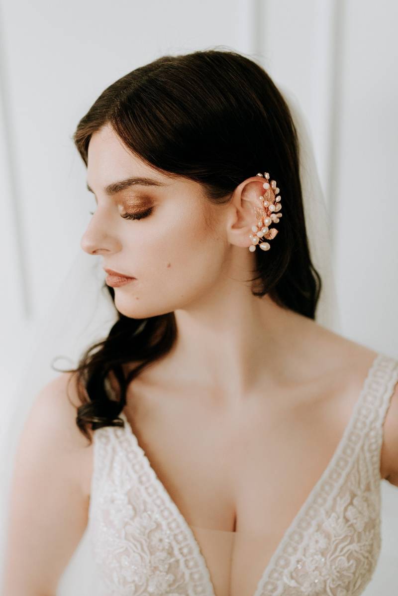 Ohrmanschette Ohrringe Braut Ohr Kletterer Rose Gold Perle Crawler Hochzeit Wickeln Blatt Boho Accessoire von SpringWindStore
