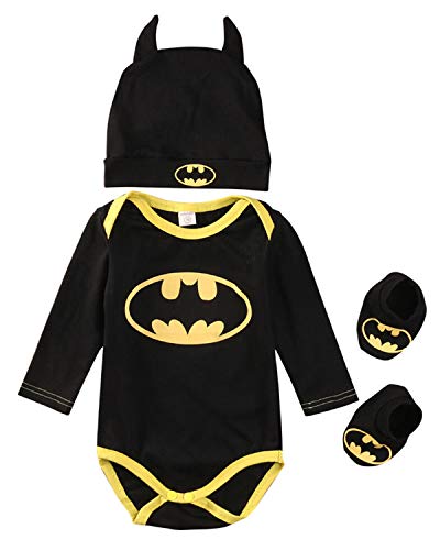 Baby Boy Batman Strampler kurz/Langarm Overall Bodysuit Tops Caps Schuhe 3-teiliges Outfit-Set, Langärmlig, Long Sleeve 0-6m von Springcmy