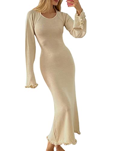 Damen Geripptes Strickkleid Langes Kleid Ärmellos/Langarm Spaghetti Bodycon Maxi Party Cocktail Kleid Sommer Strand Cover Up Club Kleid, D-beige, Medium von Springcmy