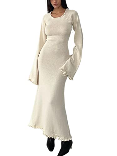 Damen Geripptes Strickkleid Langes Kleid Ärmellos/Langarm Spaghetti Bodycon Maxi Party Cocktail Kleid Sommer Strand Cover Up Club Kleid, D-weiß, Medium von Springcmy