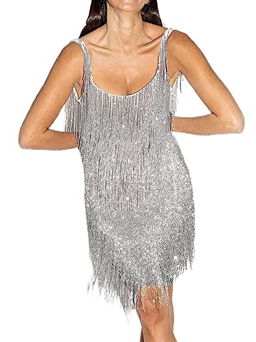 Damen Glitzernde Quasten Fransen Flapper Kleid Tiefer V-Ausschnitt Spaghetti Pailletten Glitzer Minikleid Tanzkleid Party Cocktailkleid, A-Silber, Small von Springcmy