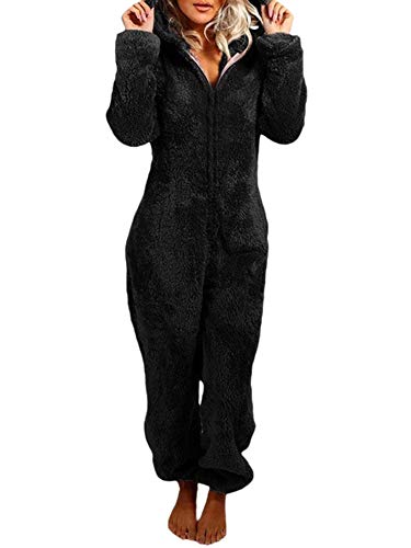 Damen Jumpsuit Fleece Zip Onesie Jumpsuit flauschig und kuschelig weich warm One Piece Pyjamas Jumpsuits (Black, XXL) von Springcmy