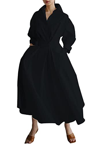 Damen Maxi Hemd Kleid Langarm Knopf Gesmokte Taille A-Linie Kleid Lose Swing Revers Ausschnitt Kleid mit Taschen, Schwarz , X-Large von Springcmy