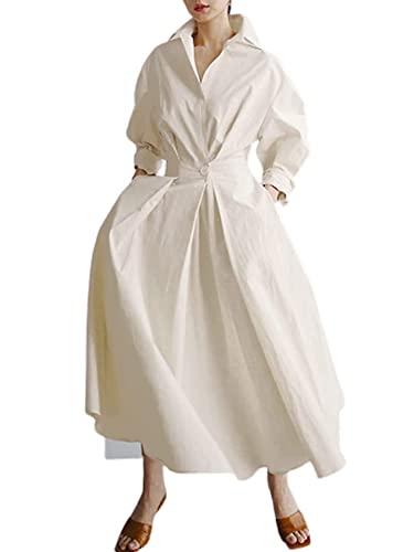 Damen Maxi Hemd Kleid Langarm Knopf Gesmokte Taille A-Linie Kleid Lose Swing Revers Ausschnitt Kleid mit Taschen, beige, XX-Large von Springcmy