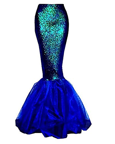 Damen Meerjungfrau Schwanz Kostüm Fancy Metallic Hologramm Pailletten Maxirock Cosplay Halloween Party Kleid Langer Maxirock, B-Blau, 36 von Springcmy