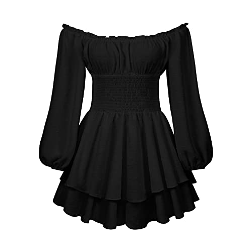 Damen Puffärmel Slash Neck Off Shoulder Smocked Rüschen Kleid A-Linie Layered Hochzeit Abend Party Swing Kleid Strand Strampler Kleid, A-schwarz, L von Springcmy