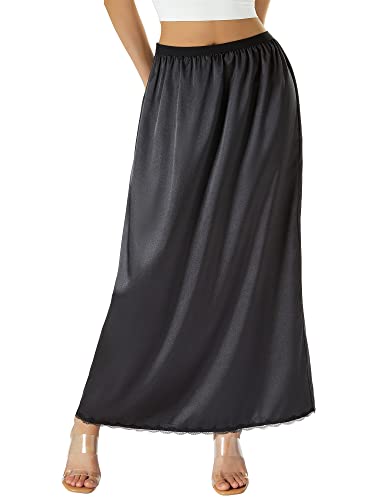 Damen Satin Half Slip Antistatisch Unterrock mit Spitzenbesatz Elastische Taille Innenfutter für Rock Kleid Lang Unterrock, Schwarz , 40 von Springcmy