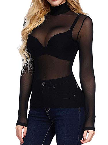 Women's Sexy Mesh Sheer Tops Long Sleeve Turtleneck Pullover Transparent Tulle Mesh Shirt von Springcmy