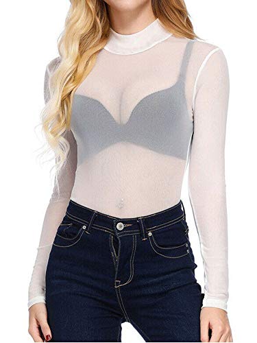 Women's Sexy Mesh Sheer Tops Long Sleeve Turtleneck Pullover Transparent Tulle Mesh Shirt von Springcmy