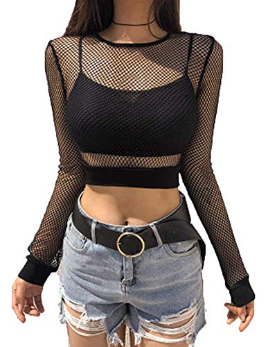 Women's Sexy Mesh Sheer Tops Long Sleeve Turtleneck Pullover Transparent Tulle Mesh Shirt von Springcmy