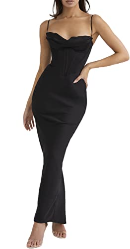 Damen Sexy Schlauch-Satin-Kleid mit Aussparungen, trägerlos, Cami-Stil, lange Passform, Abendkleid, Party, Hochzeit, Bankett, Schwarz , Medium von Springcmy