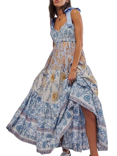 Damen-Sommerkleid mit Blumenmuster und Spaghettiträgern, fließend, gesmokt, Schulterbindung, Boho-Maxi, fließendes Swing-Kleid, Y2K, Strand-Sommerkleid, A-light blue, L von Springcmy