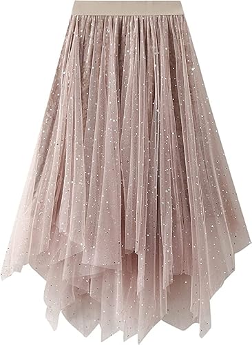 Damen Tutu Tüll Rock Elastische Hohe Taille Stickerei 3D Layered Rock FloralMesh A-Linie Midi Swing Rock, D-apricot, Einheitsgröße von Springcmy