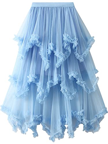 Damen-Tüllrock, elastische hohe Taille, 3D-Stickerei, Lagenrock, floraler Print,. Netzstoff, A-Linie, Midi-Swing-Rock, E-light Blue, Einheitsgröße von Springcmy