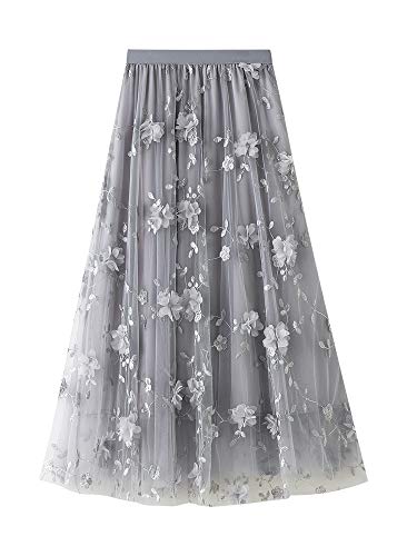 Damen Tutu Tüll Rock Elastische Hohe Taille Stickerei 3D Layered Rock Floral Print Mesh A-Linie Midi Swing Rock, A2-grau, Einheitsgröße von Springcmy