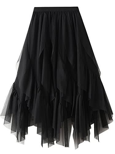 Damen Tutu Tüllrock Elastische Hohe Taille Stickerei 3D Layered Rock Blumendruck Mesh A-Linie Midi Swing Rock, E1-schwarz, Einheitsgröße von Springcmy