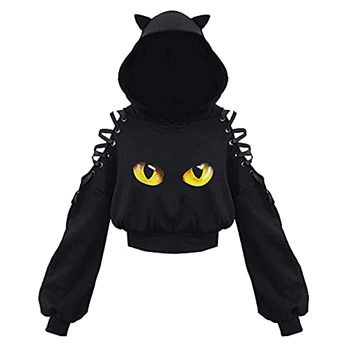Damen Y2k Lace Up Hoodie Crop Top Herbst Langarm Cute Ohr Katze Animal Print Pullover Sweatshirt, Augen, 38 von Springcmy