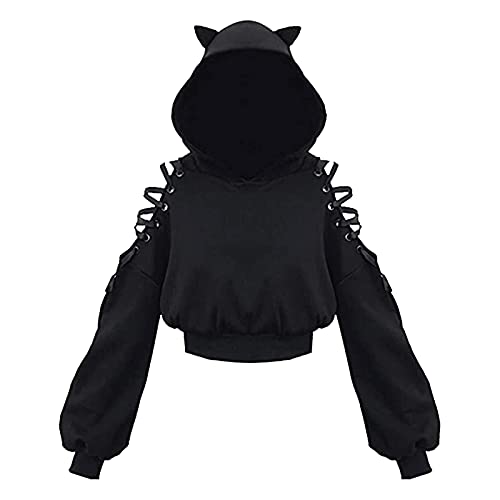 Damen Y2k Lace Up Hoodie Crop Top Herbst Langarm Cute Ohr Katze Animal Print Pullover Sweatshirt, Schwarz , 38 von Springcmy