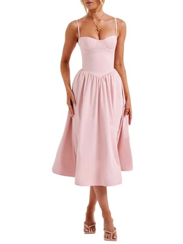 Damenkleid mit quadratischem Ausschnitt, ärmellos, niedrig geschnitten, geraucht, A-Linie, fließend, Cottagecore, Spaghettiträger, Strandkleider, A2-pink, Small von Springcmy