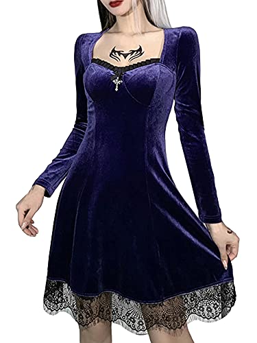 Frauen Gothic Lolita Kleid Steampunk Grunge Samt Cocktail Party Halloween Kleid Spitze Mesh Langarm Punk Goth Kleid, B-lila, Medium von Springcmy