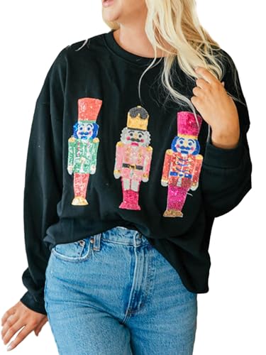 Frauen Santa Weihnachten Nussknacker Sweatshirt Pailletten Neuheit 3D Druck Rundhalsausschnitt Langarm Pullover Sweatshirts Tops, A-schwarz, 46 von Springcmy